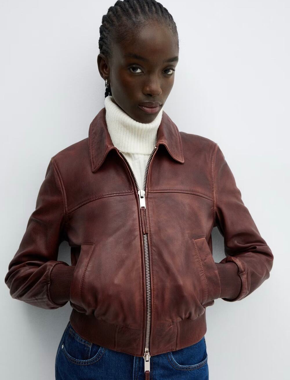 MANGO Brown Leather Bomber Jacket - Stylish & New size medium (runs small)